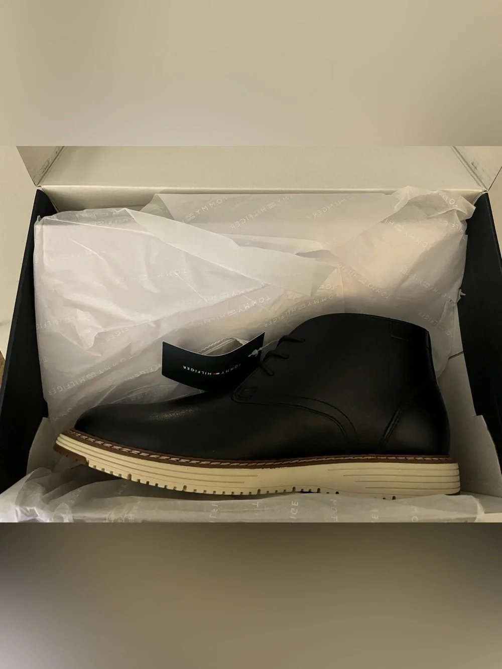 Tommy Hilfiger Black Leather Lace-Up Chukka Boots with Cream Sole